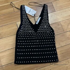Zara Black Studded Ribbed V-Neck Tank Top